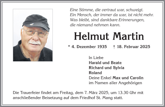 Traueranzeige von Helmut Martin von Allgäuer Zeitung,Kempten