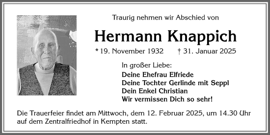 Traueranzeige von Hermann Knappich von Allgäuer Zeitung,Kempten