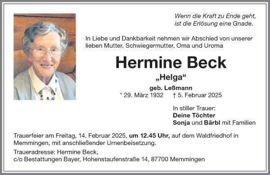 Traueranzeige von Hermine Beck von Memminger Zeitung