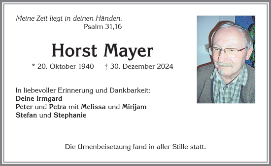 Traueranzeige von Horst Mayer von Allgäuer Zeitung, Kaufbeuren/Buchloe