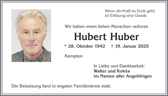 Traueranzeige von Hubert Huber von Allgäuer Zeitung,Kempten