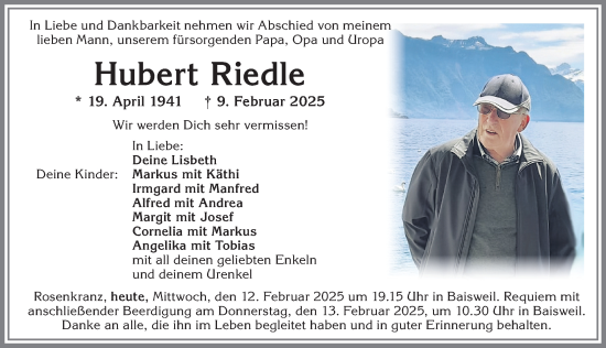Traueranzeige von Hubert Riedle von Allgäuer Zeitung, Kaufbeuren/Buchloe