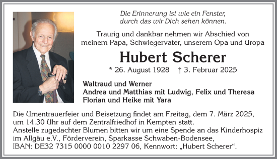 Traueranzeige von Hubert Scherer von Allgäuer Zeitung,Kempten