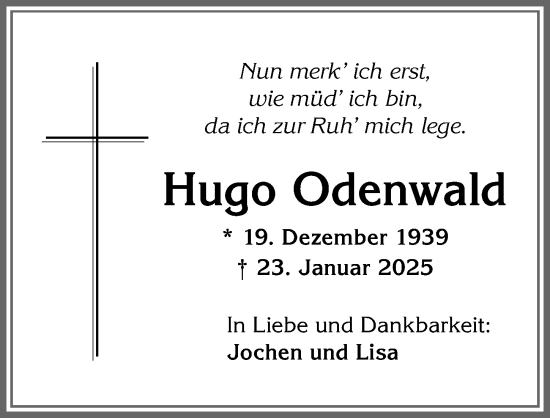Traueranzeige von Hugo Odenwald von Allgäuer Zeitung, Kaufbeuren/Buchloe