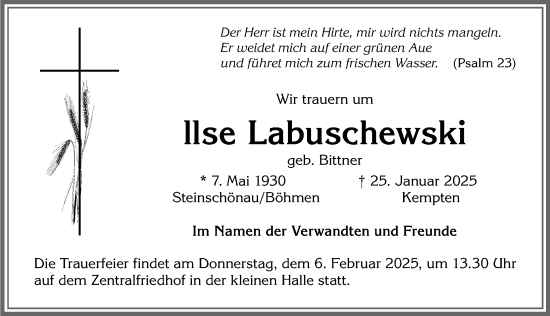 Traueranzeige von Ilse Labuschewski von Allgäuer Zeitung,Kempten