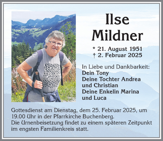 Traueranzeige von Ilse Mildner von Allgäuer Zeitung,Kempten