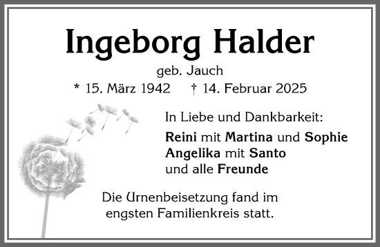 Traueranzeige von Ingeborg Halder von Allgäuer Zeitung, Kaufbeuren/Buchloe