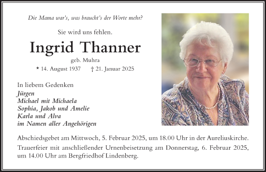 Traueranzeige von Ingrid Thanner von Der Westallgäuer
