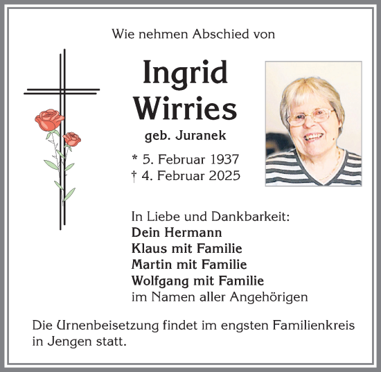 Traueranzeige von Ingrid Wirries von Allgäuer Zeitung, Kaufbeuren/Buchloe