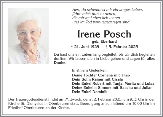 Traueranzeige von Irene Posch von Allgäuer Zeitung, Kaufbeuren/Buchloe