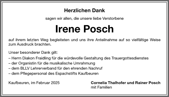 Traueranzeige von Irene Posch von Allgäuer Zeitung, Kaufbeuren/Buchloe