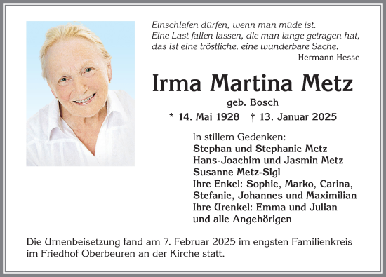 Traueranzeige von Irma Martina Metz von Allgäuer Zeitung, Kaufbeuren/Buchloe
