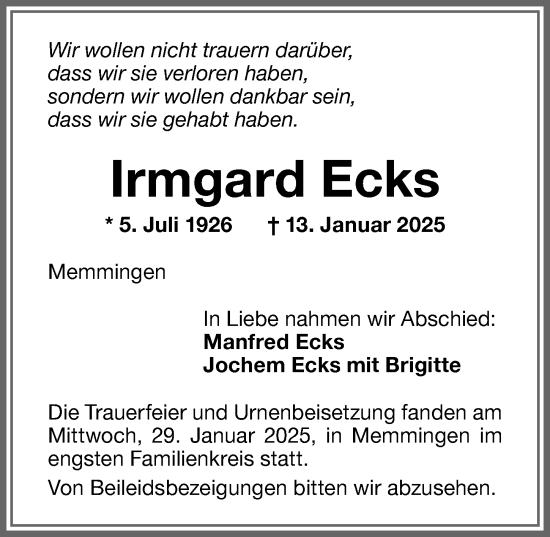 Traueranzeige von Irmgard Ecks von Memminger Zeitung