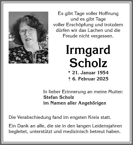 Traueranzeige von Irmgard Scholz von Allgäuer Zeitung,Kempten