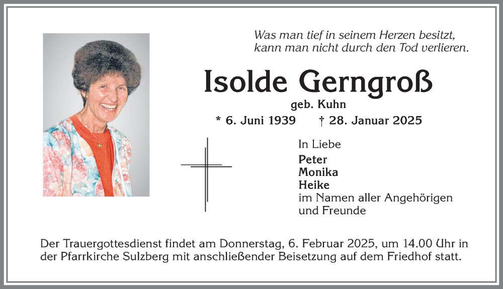  Traueranzeige für Isolde Gerngroß vom 01.02.2025 aus Allgäuer Zeitung,Kempten