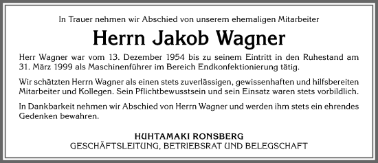 Traueranzeige von Jakob Wagner von Allgäuer Zeitung, Marktoberdorf