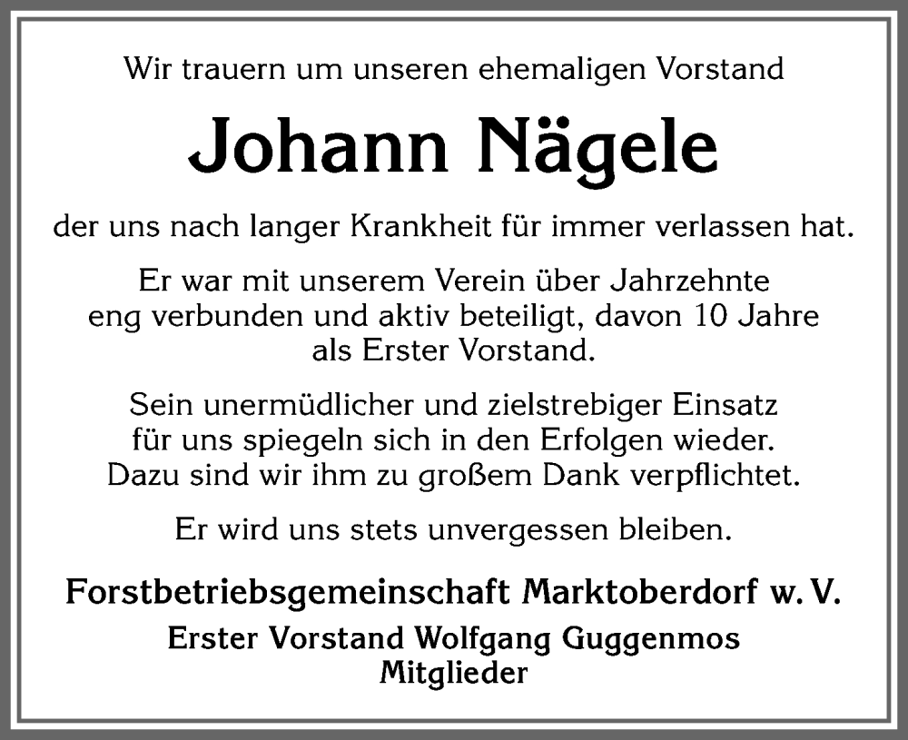  Traueranzeige für Johann Nägele vom 28.02.2025 aus Allgäuer Zeitung, Marktoberdorf