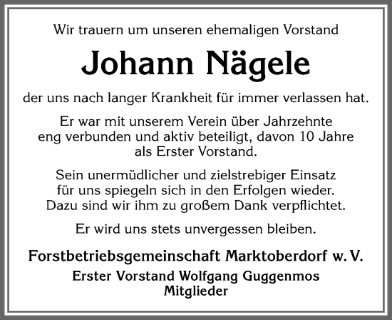 Traueranzeige von Johann Nägele von Allgäuer Zeitung, Marktoberdorf