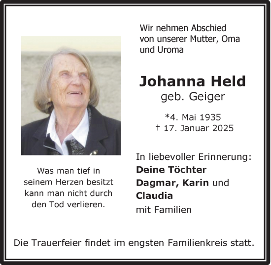 Traueranzeige von Johanna Held von Allgäuer Zeitung,Kempten