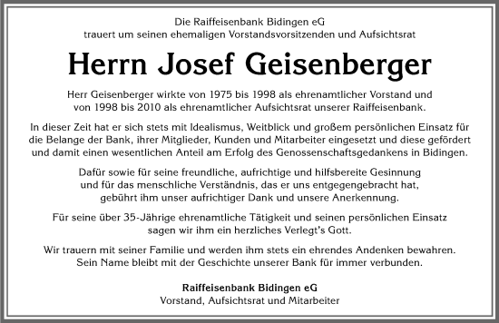 Traueranzeige von Josef Geisenberger von Allgäuer Zeitung, Marktoberdorf