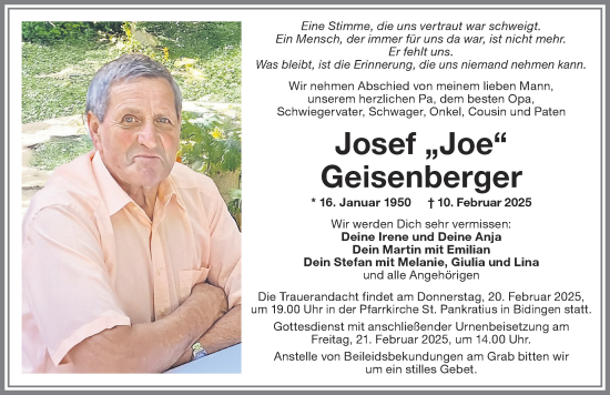 Traueranzeige von Josef Geisenberger von Allgäuer Zeitung, Marktoberdorf