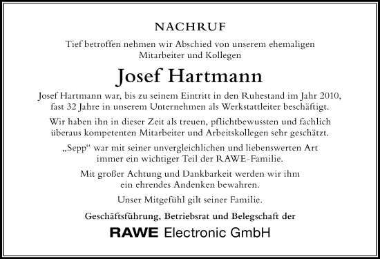 Traueranzeige von Josef Hartmann von Der Westallgäuer