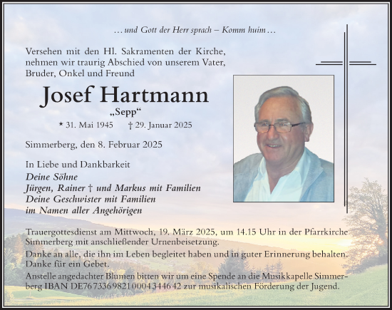 Traueranzeige von Josef Hartmann von Der Westallgäuer