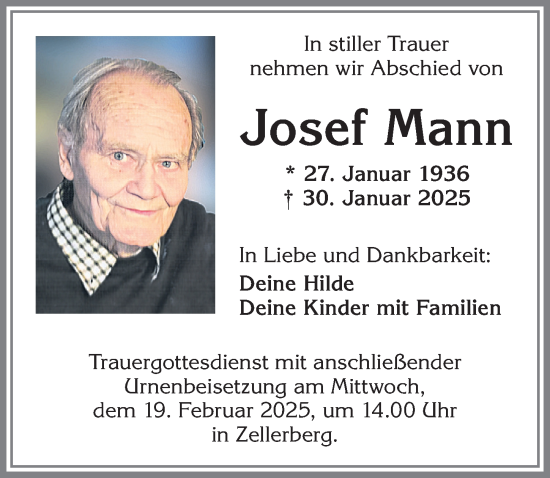 Traueranzeige von Josef Mann von Allgäuer Zeitung, Kaufbeuren/Buchloe