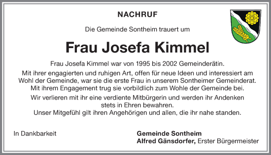 Traueranzeige von Josefa Kimmel von Memminger Zeitung