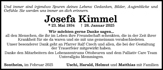 Traueranzeige von Josefa Kimmel von Memminger Zeitung
