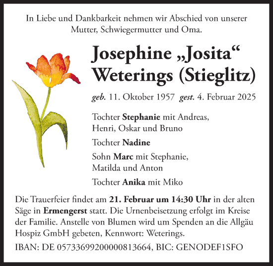 Traueranzeige von Josephine Weterings von Allgäuer Zeitung,Kempten