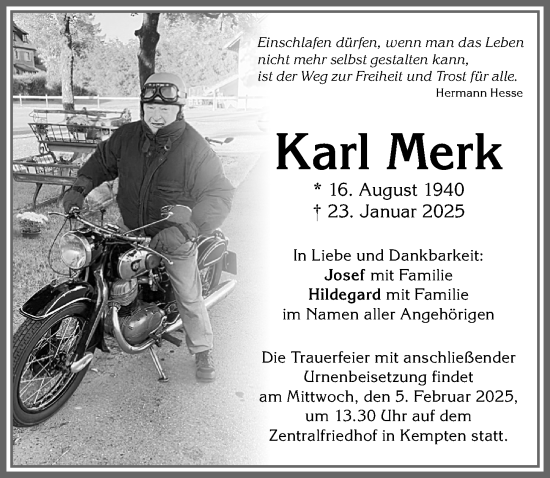 Traueranzeige von Karl Merk von Allgäuer Zeitung,Kempten