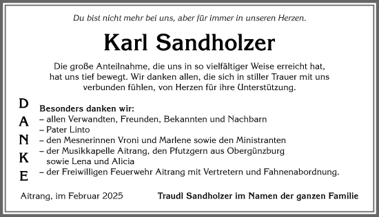 Traueranzeige von Karl Sandholzer von Allgäuer Zeitung, Marktoberdorf