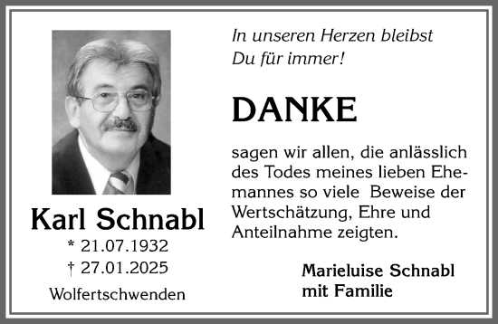 Traueranzeige von Karl Schnabl von Memminger Zeitung