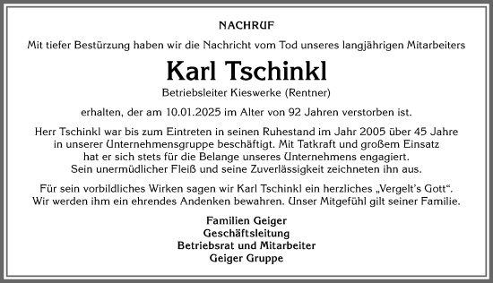 Traueranzeige von Karl Tschinkl von Allgäuer Zeitung,Kempten