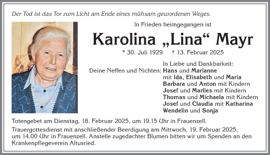 Traueranzeige von Karolina Mayr von Allgäuer Zeitung,Kempten