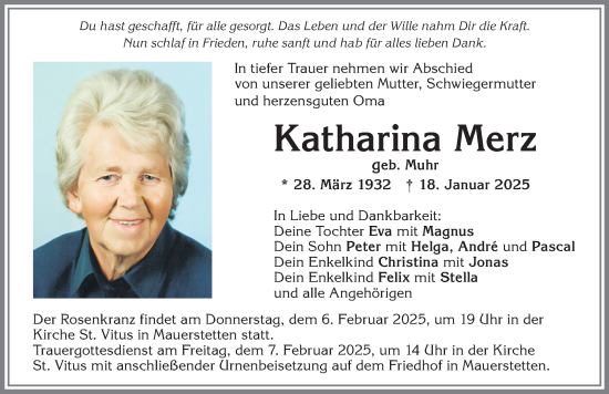 Traueranzeige von Katharina Merz von Allgäuer Zeitung, Kaufbeuren/Buchloe