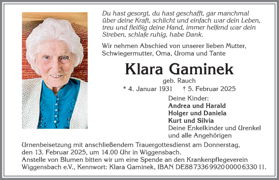 Traueranzeige von Klara Gaminek von Allgäuer Zeitung,Kempten