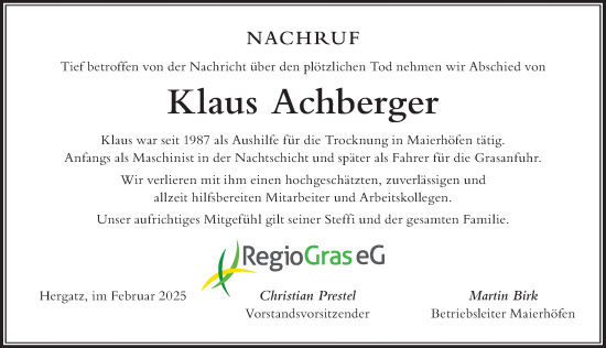Traueranzeige von Klaus Achberger von Der Westallgäuer