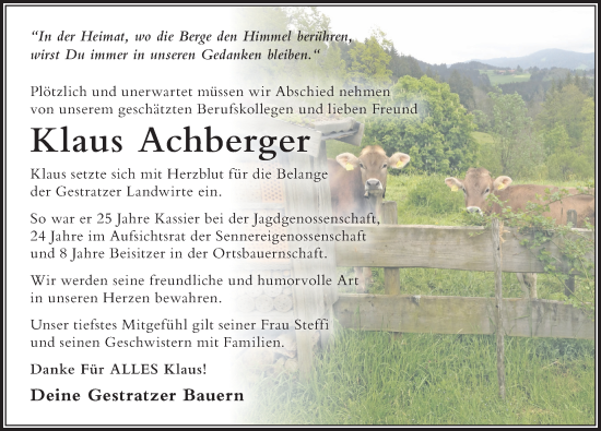 Traueranzeige von Klaus Achberger von Der Westallgäuer