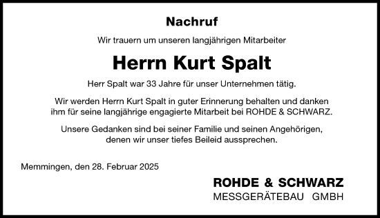 Traueranzeige von Kurt Spalt von Memminger Zeitung