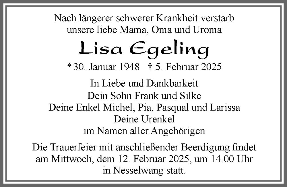  Traueranzeige für Lisa Egeling vom 08.02.2025 aus Allgäuer Zeitung, Füssen