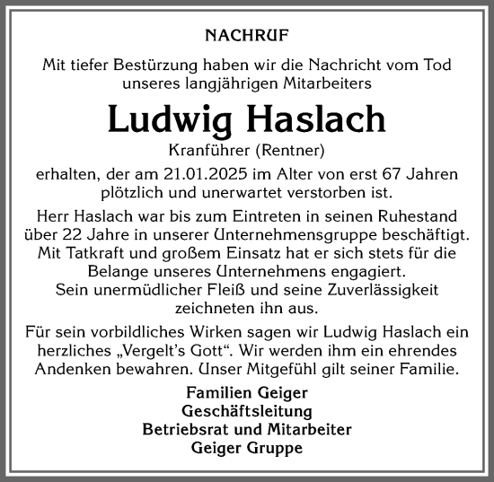 Traueranzeige von Ludwig Haslach von Allgäuer Anzeigeblatt