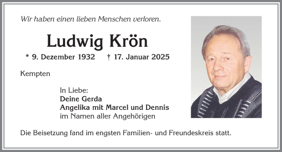 Traueranzeige von Ludwig Krön von Allgäuer Zeitung,Kempten