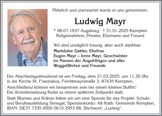 Traueranzeige von Ludwig Mayr von Allgäuer Zeitung,Kempten