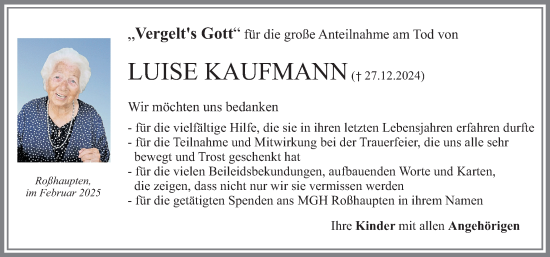 Traueranzeige von Luise Kaufmann von Allgäuer Zeitung, Füssen