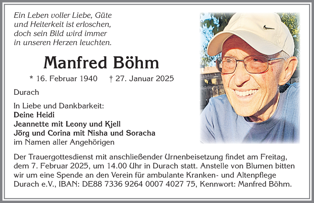  Traueranzeige für Manfred Böhm vom 01.02.2025 aus Allgäuer Zeitung,Kempten