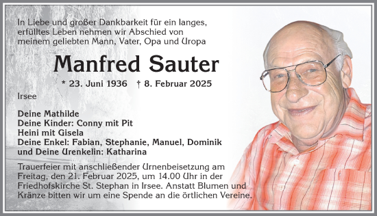 Traueranzeige von Manfred Sauter von Allgäuer Zeitung, Kaufbeuren/Buchloe