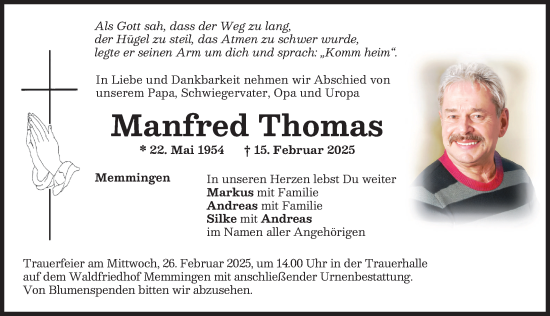 Traueranzeige von Manfred Thomas von Memminger Zeitung