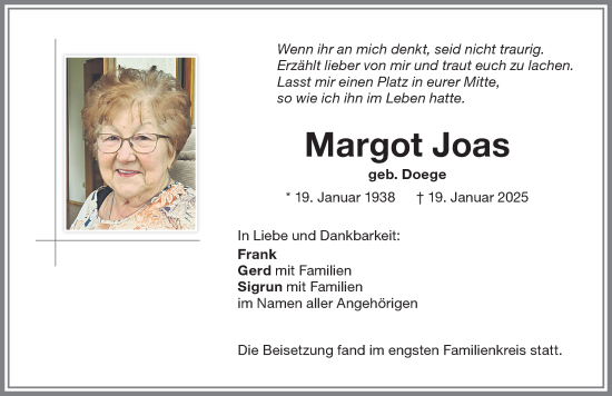 Traueranzeige von Margot Joas von Memminger Zeitung